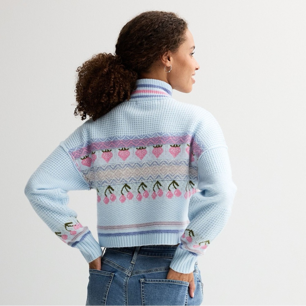 Sugar Moon Quarter Zip Jacquard Sweater Blue Freeze L NWT - Picture 4 of 4